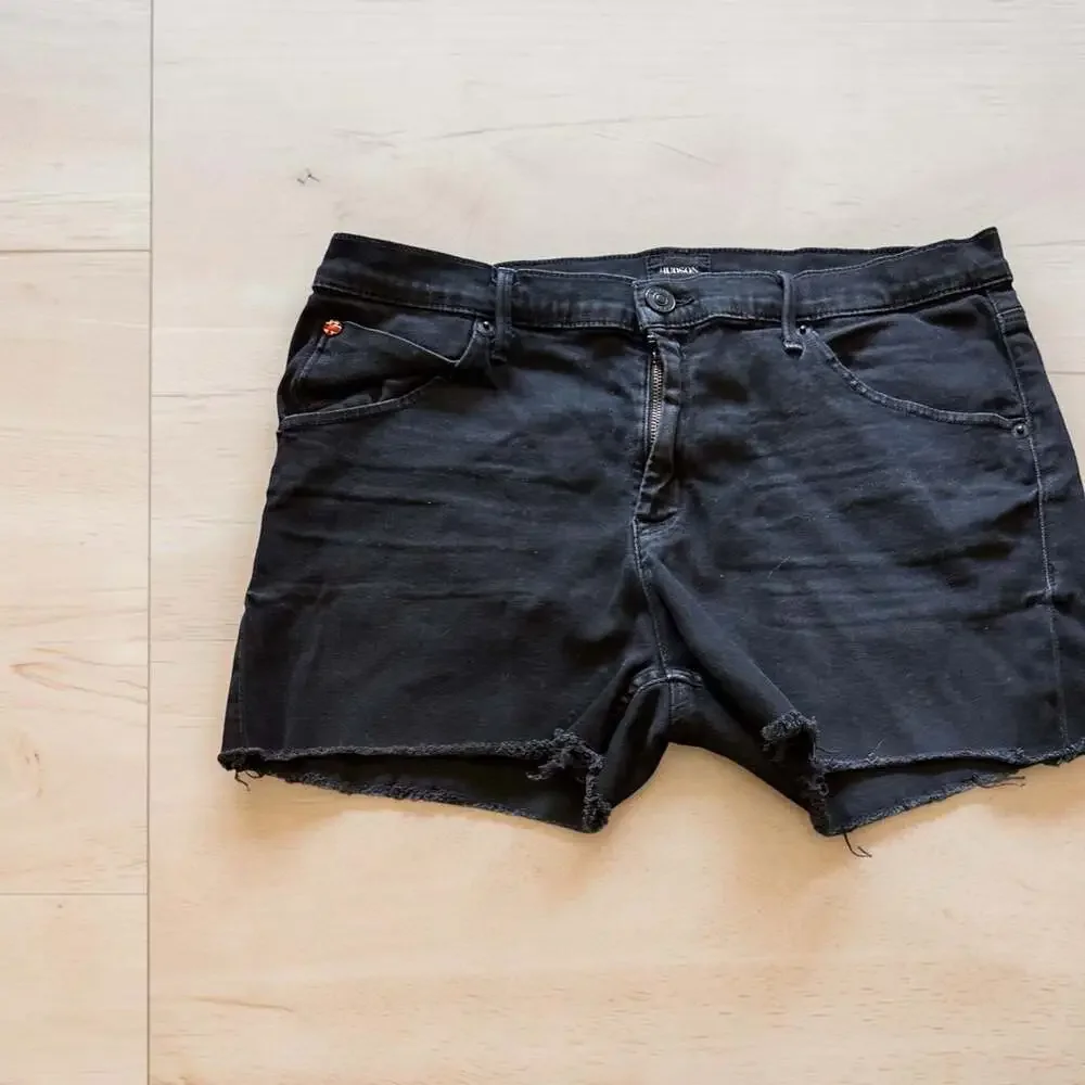 Hudson Collin Mid-Rise Raw Hem Flap-Pocket Denim Shorts